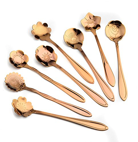 Collectsound Lot de 8 cuillères à café en forme de fleur en acier inoxydable Doré rose