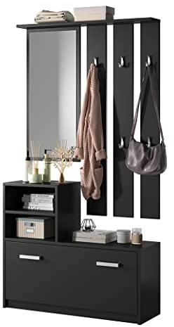 Selsey Flurgarderoben Set Garderobe Flur Wandgarderobe Garderobenpaneel Schuhregal Spiegel Regal Garderobenset Schwarz Mit Silbernen Griffen Yesfir