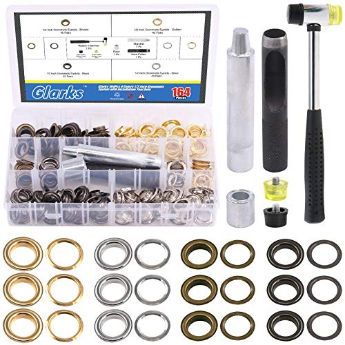 Glarks 164 Stück 1,27 cm Ösen mit Werkzeug-Sets, 160 Stück 4 Farben Ösen mit 4 Montagewerkzeugen für Stoff, Leinwand, Vorhang, Kleidung, Lederreparatur und Dekoration