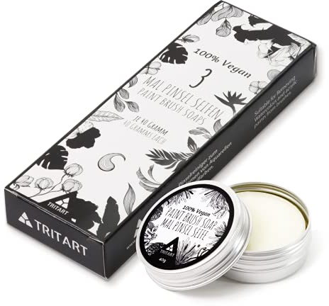 Tritart Detergente per pennelli per colori acrilici e acquerelli – Set di 3 saponi artistici e pennelli da pittura | 3 X 40 g di sapone vegano per artisti