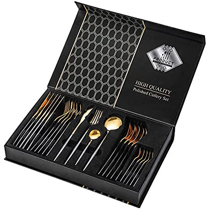 Ensembles de Couverts,24 pièces Ensembles acier inoxydable Ensembles de vaisselle de polissage miroir Utilisation polyvalente pour la maison et la cuisine, coffrets cadeaux - Noir et or