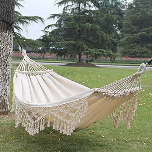 SQCOOL Baumwolle Canvas Hängematte Quaste, Doppel Boho Hängematte mit Makramee Fransen, Tragbare Hängematten Schaukel Outdoor für Camping Freien Innen Garten mit Tragetasche, 150kg Tragkraft White
