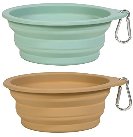 SLSON 2 cuencos para perros plegables integrados sin borde de plástico, cuenco de silicona portátil para senderismo y camping para perros y gatos, 600 ml (verde claro y caqui)