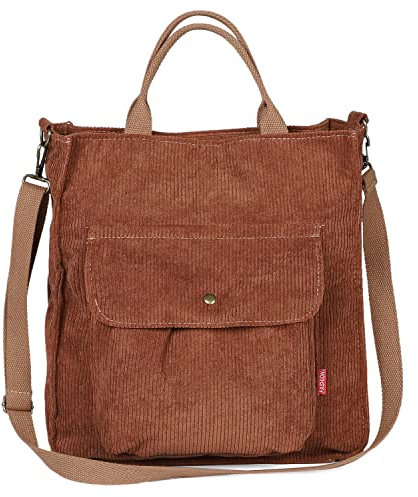 Etercycle Umhängetasche Damen, Groß Cord Tragetasche Lässige Handtasche Einkaufstasche Mode Schultertasche mit Reißverschluss und Tasche, Crossbody Tasche für Alltag, Büro, Schulausflug und Einkauf