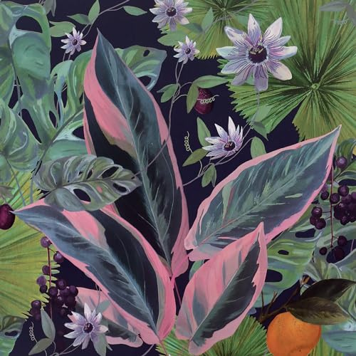 Arthouse Passion Flower Wallpaper, Navy Blue Multi Large Scale Exotic Foliage Intertwined, Fruit Salad Mix, Orange Blossom Groves 921703