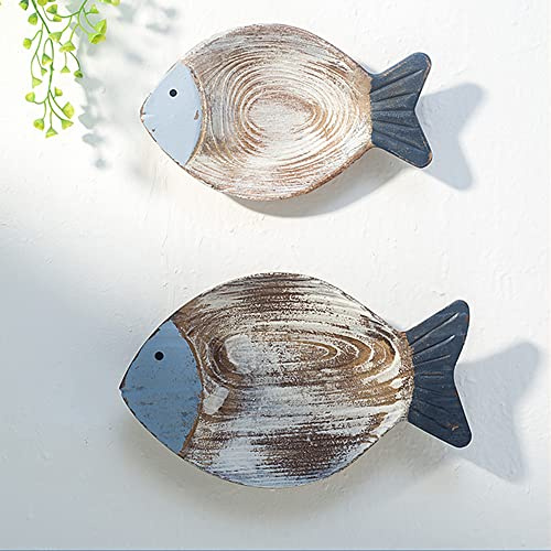 OECECR 2Pcs Wood Fish Nautical Beach Wall Decor, Wooden Hanging Coastal Wall Art Decor for Home, Lake House, Ocean Bathroom Decor - Blue