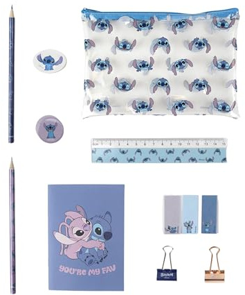 Disney Lilo und Stitch Schreibwaren-Set, Enthält Bleistift, Lineal, A6-Notizbuch, Radiergummi, Anspitzer, Haftnotizen, Clips, Buntstift, Federmäppchen, (D-LS-00347)