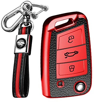 KUNIO Autoschlüssel Hülle Schlüsselcover Passt für VW Golf 7 MK7 Passat Passt für Skoda Superb Kodiaq Fabia Octavia TPU Leder-Textur Schlüsselanhänger Schlüsseletui Schutzhülle Rot