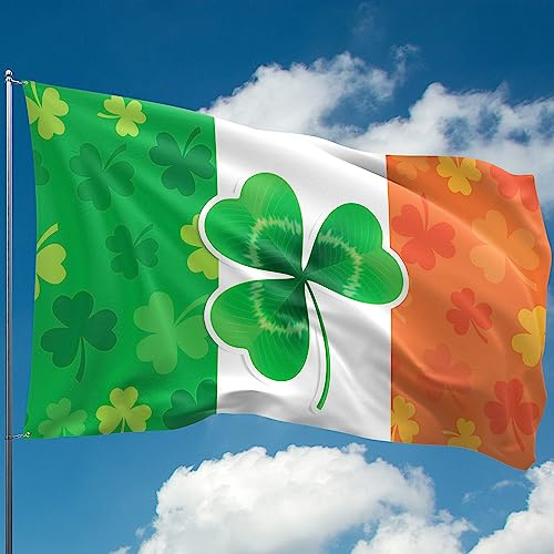 Irische Flagge mit Kleeblatt (Irland, Eire, St. Patrick's Day) – 110Den dickes Polyester – Digitaldruck – Doppelnaht – 2 Messingösen, groß 1,5 m x 0,9 m