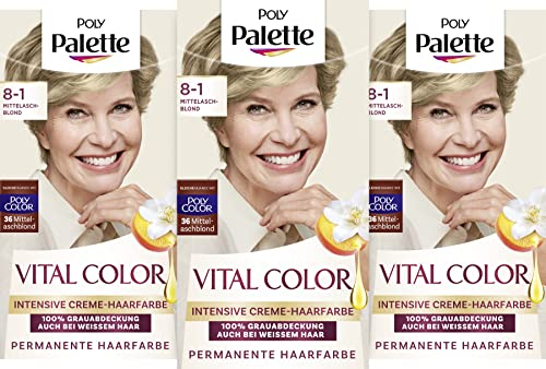Palette Vital Color Intensive Cream Hair Colour 8-1 Medium Ash Blonde (3 x 115 ml), Natural-Looking & Long-Lasting Colouration, Permanent Colouration for 100% Grey Coverage, Even with White Hair