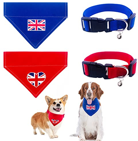 BIPY Hundehalstücher mit Union-Jack-Motiv, verstellbar, mit Glöckchen, kleine UK-Flagge, Festival, Haustier-Bandana, dreieckig, weiche Lätzchen für kleine, mittelgroße patriotische Hunde, Katzen,