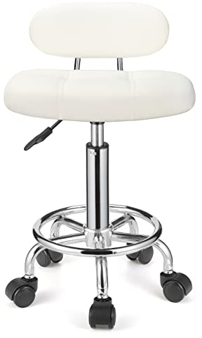 FNZIR Eckiger Rollhocker mit Lehne, höhenverstellbar, Drehhocker mit Rollen,WEIß