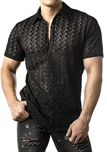 JOGAL Chemise transparente à manches courtes pour homme - Chemise d'été décontractée en dentelle, Noir , S