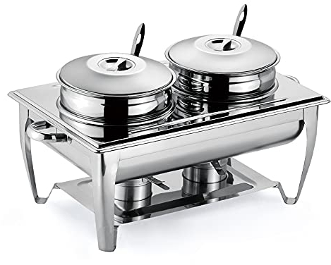ACiyD Full Size Chafing Dish Buffet Set, 9L Soup Server Stainless Steel Food Warmer Steam Table with 2 Round Pots, Lids and 2 Soup Ladles for Catering Restaurants