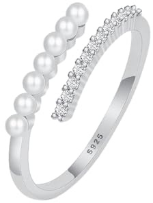 FUNYCHEN Pearl Rings for Women Dainty 925 Sterling Silver 14K Gold Plated Pearl Stackable CZ Adjustable Open Wrap Rings Fashion Statement Wedding Band Ring Jewelry Birthday Summer Ocean for Her (Silver)