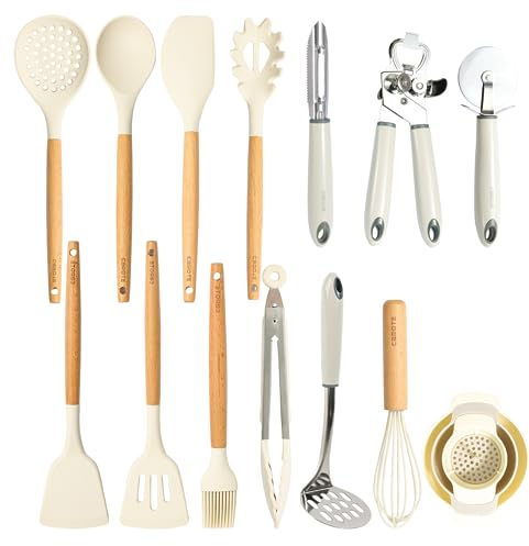 CAROTE Küchenhelfer Set 16 Stücke, Silikon Küchenutensilien Antihaftes Hitzebeständiges Küchenhelfer Set mit Holzgriff zum Kochen, Backen,BPA Frei, Spülmaschinenfest