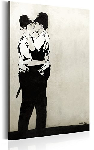 B&D XXL - Akustikbild Banksy Kissing coppers Bilder Akustikschaum Hochleistungsschallabsorber Schallschutz Leinwand 1 tlg Wandbild Raumakustik Schalldämmung Graffiti Street Art