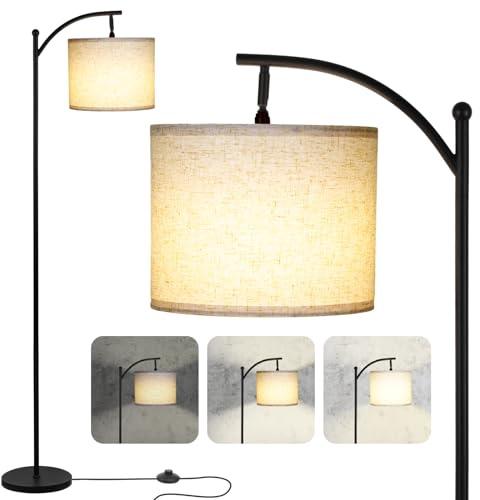 LALISU Modern Floor Lamp, 3-Ways Dimmable Standing Lamp with Linen Shade, Adjustable Height, Foot-Step Switch, Reading Lamp for Living Room, Bedroom, Office, 9W Bulb Included (Black)