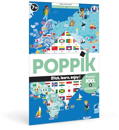 POPPIK 1841223 Sticker-Poster, Flaggen der Welt, interaktives Lernposter mit Aufklebern, mehrsprachige Weltkarte, für Kinder ab 7 Jahren, 68 x 100 cm