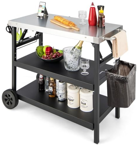 SPOTRAVEL 3-Shelf Food Prep Cart Table, Outdoor Grill Dining Cart with Adjustable Shelf, Phone Stand, Spice Stand, Towel Rack, Tissue Holder & Hanging Hooks, Kitchen Cart Island Table for BBQ Picnic