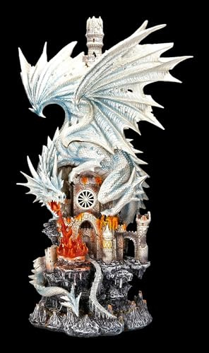 Figuren Shop GmbH Große Drachenfigur in Weiß - Feuerspeiend auf Burg 61 cm - Statue, Drache, Fantasy, XXL