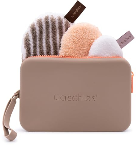 Waschies 4-tlg. „Eco Smart“ Geschenkset für Frauen – Kosmetiktasche in Braun mit Abschminkpad, Toner-Pad & Peeling-Pad – waschbar, wiederverwendbar & nachhaltig - geeignet für alle Hauttypen