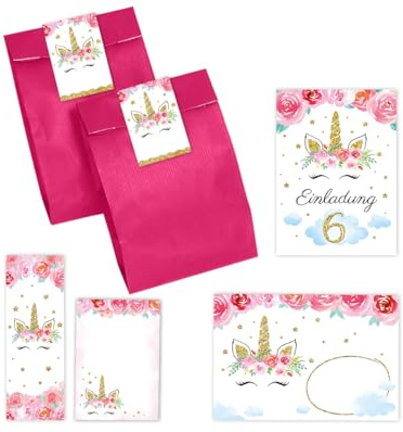 Minkocards 12 Einladungskarten zum 6. Kindergeburtstag Mädchen Einhorn Einladung sechste Mädchengeburtstag incl. 12 Umschläge, 12 Partytüten/pink, 12 Aufkleber, 12 Lesezeichen, 12 Mini-Notizblöcke