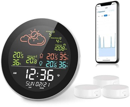Station MéTéO Wifi IntéRieur ExtéRieur Sans Fil, Avec PluviomèTre Et AnéMomèTre ExtéRieur, Date & Heure, TempéRature Et Humidité, Pour La Maison Et Le Jardin (Écran couleur + 3* capteurs)