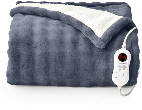 BWARM HOME Heizdecke 130x180 cm, Heizdecke mit Abschaltautomatik, Wärmedecke mit 9 Heizstufen und 10 Stunden Timer, Überhitzungsschutz Elektrische Kuscheldecke für Bett, Büro(Dunkelgrau)