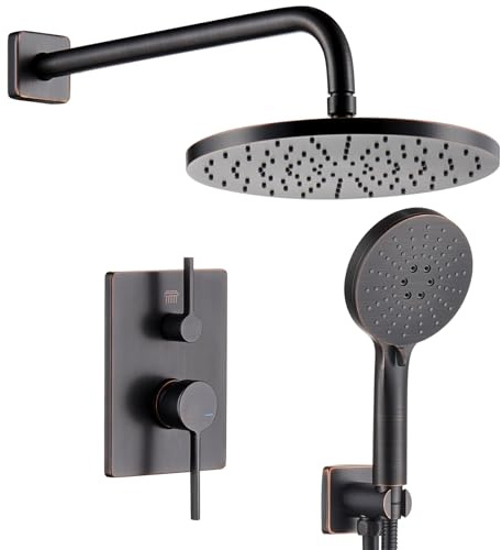 AONEON Bathroom Shower System Included Pressure Balancing Shower Mixer Valve, 10'' Rain Shower Head, 3-Setting Handheld Spray, Wall Mounted Oil-Rubbed Bronze SF001ORB-D10