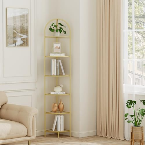 Homhedy 6-nivåer hörnhyllstativ, metallhörn bokhylla, hyllor i härdat glas, badrumsförvaringsställ, växtställ, modern stil, gyllene