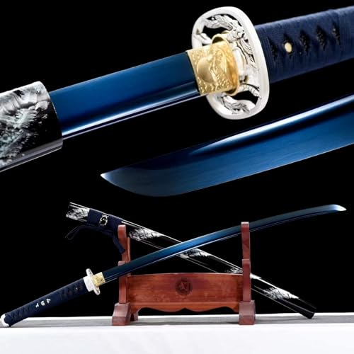 KWXPW 103cm Blaue Feder Samurai-Schwert,Federstahl Klinge mit Blauer Prozess,Holzscheide mit gemalte Muster,handgefertigt Katana für Geschenke,Displays,Dekorationen,Cosplay,Requisiten,Kendo