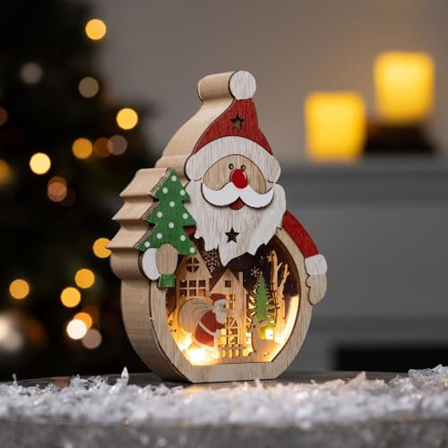 Bambelaa! LED Weihnachts Holzdekoration Weihnachtsmann ca. 11 x 3 x 15,8 cm mit 5 warmweißen LEDs Weihnachtsdeko aus Holz für Innen