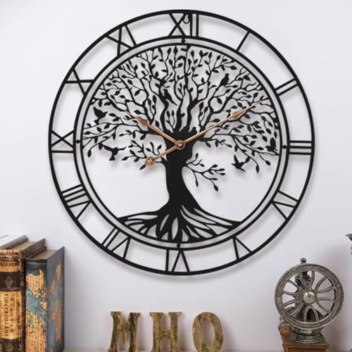 Dankeit Orologio da parete con albero della vita, grande orologio da parete in metallo nero, 61 cm, orologio da parete oversize per soggiorno, camera da letto, decorazione della casa, orologio