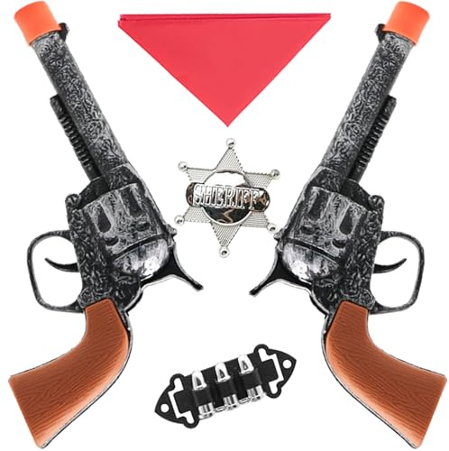 AYNKH 5 Pcs Wild West Cowboy Sheriff Double Gun Set with Two Cowboy Toy Guns, Red Bandana, Bullet Clips and Sheriff's Badge for Role-Play, Theatre Performances, Dress-Up Parties