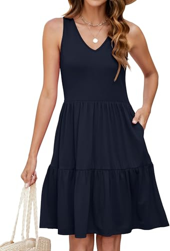 Hiistandd Summer Dresses for Women UK Ladies Summer Dress Beach Dress Ladies Dress Sleeveless V-Neck Sundress Tiered Casual Dress Floral Ladies Dress Mini Dress Navy