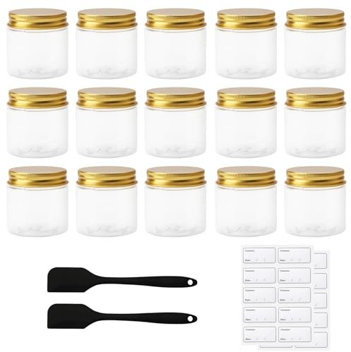 UOCAI 15 Stück Cremedosen zum Befüllen, 60ml Döschen Kleine Cremedose Leerdose Klarer Tiegel Cremedose Leer Leerdose Cremedose Leer Transparent Tiegel mit Spatel und Etikett Leer Dosen