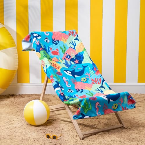 Dreamscene Beach Towel Ocean Sea Life Print, Soft Quick-Dry Lightweight Microfibre Large Beach Towel For Kids Swimming Towel For Holiday Essentials, Multi - 71x152cm