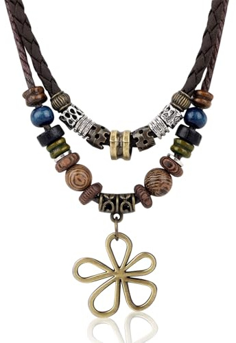 Mikovivi Collier de Perles en Bois Bohème Superposées, Collier Pendentif Fleur Creuse Bohème Hippie Accessoires Bijoux de Style Tribal Ethnique Vintage pour Femmes et Hommes