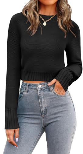 Zeagoo Pullover Maglione corto da donna, girocollo, a maniche lunghe, per autunno e inverno, casual, tinta unita, lavorato a maglia, top taglie S-XXL, Nero , XS