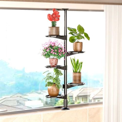 5-Tier Tall Plant Stand - Expandable Metal Flower Pot Rack with Spring Tension Rod Indoor Corner Storage Shelf for Creative Plant Display and nization