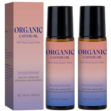 2 Stück Organic Castor Oil With Rose Quartz Roller, Mild und Pflegend für die Haut, Bio-Rizinusöl mit Rosenquarzrolle, Natürliche Zutate, Für alle Hauttypen Geeignet