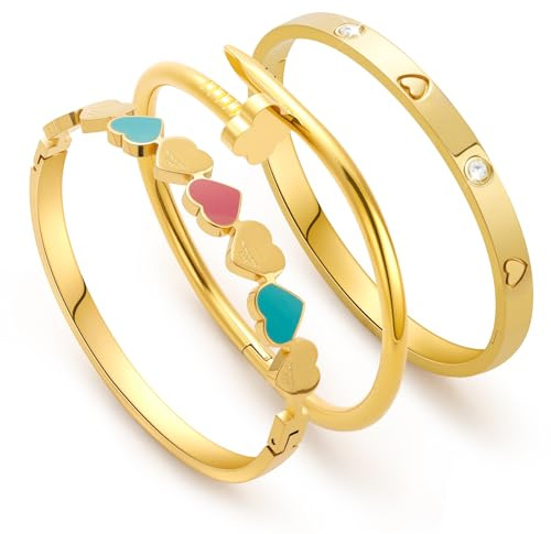 J.Fée 3PCS Bracciale Donna Acciaio, Bracciale Amicizia Donna Bracciali Rigido 18K Oro, 17cm Quadrifoglio Bracciali Argento Tennis con Zirconio, Braccialetti Mamma Regalo Amica Festa della Mamma