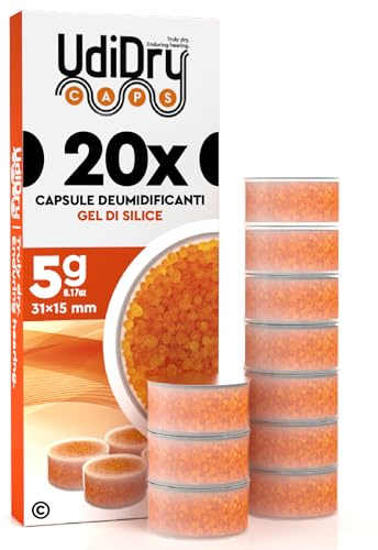 20 Capsule Essiccanti per Apparecchi Acustici UdiDry Caps 5g 31mm con Gel di Silice di Alta Qualità - Capsule Deumidificanti Assorbi Umidità con Indicatore di Colore per Asciugatura Protesi Acustiche