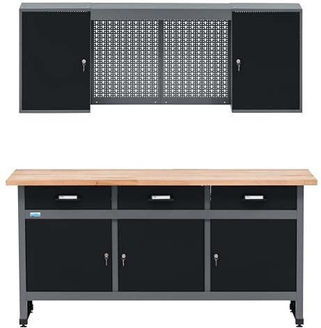 Set di officina Küpper 70421-9, attrezzatura da officina con banco da lavoro da 170 cm con piano in faggio massello, pensile, parete forata con 12 ganci standard in metallo (Nero)