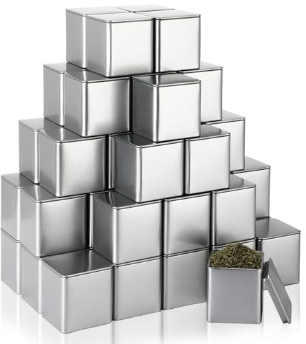 Suclain 50 Pcs Metal Tea Tin Canister with Airtight Lid Square 3 oz Loose Leaf Tea Container Small Storage Matcha Tins Empty Tin Can Box for Coffee Sugar Candy Herbs and Spices(Silver)
