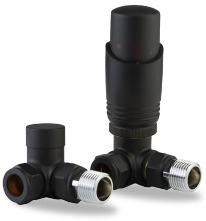 LavaTherm TRV - Válvula termostática para radiador (esquina de 15 mm), válvula de radiador de calefacción central de ahorro de energía, repuesto de latón premium TRV y escudo de bloqueo, color negro