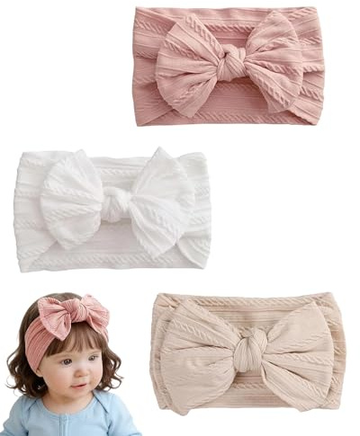 Fonyiunce 3 Pièces Bébé Bandeaux 29cm*19cm*1cm, 0-3 Ans Arc Bande de Cheveux Bandeaux pour Nouveau-né Nourrissons Tout-petits Enfants （Blanc, Rose et Beige）