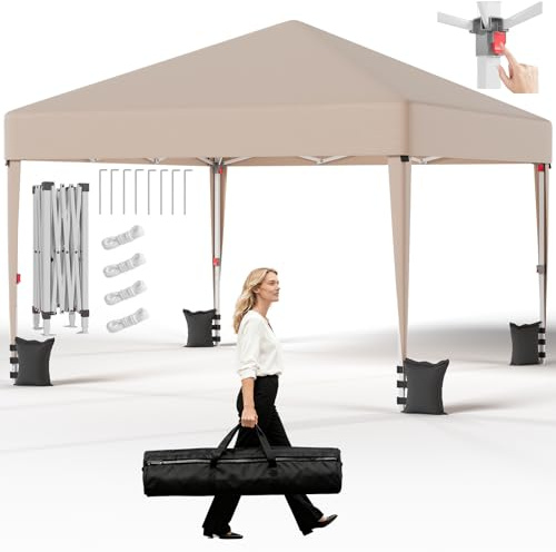 JUMMICO Tonnelle Pliante 3x3, Pliage et Rangement Faciles ｜ Protection Anti-UV ｜ Hauteur Réglable et Système Amélioré ｜ Imperméable et Stable ｜ Idéale pour Jardin, Camping, Fêtes et Plus Encore｜Beige