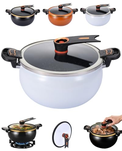 Twisting Handle Pot, 8L Micro Pressure Cooker, Non Stick Stewpot with Locking Lid, Large Capacity Soup Stockpot for Gas Induction Stove, Low Press Safety Valve, Fast Cooking Cookware(White)